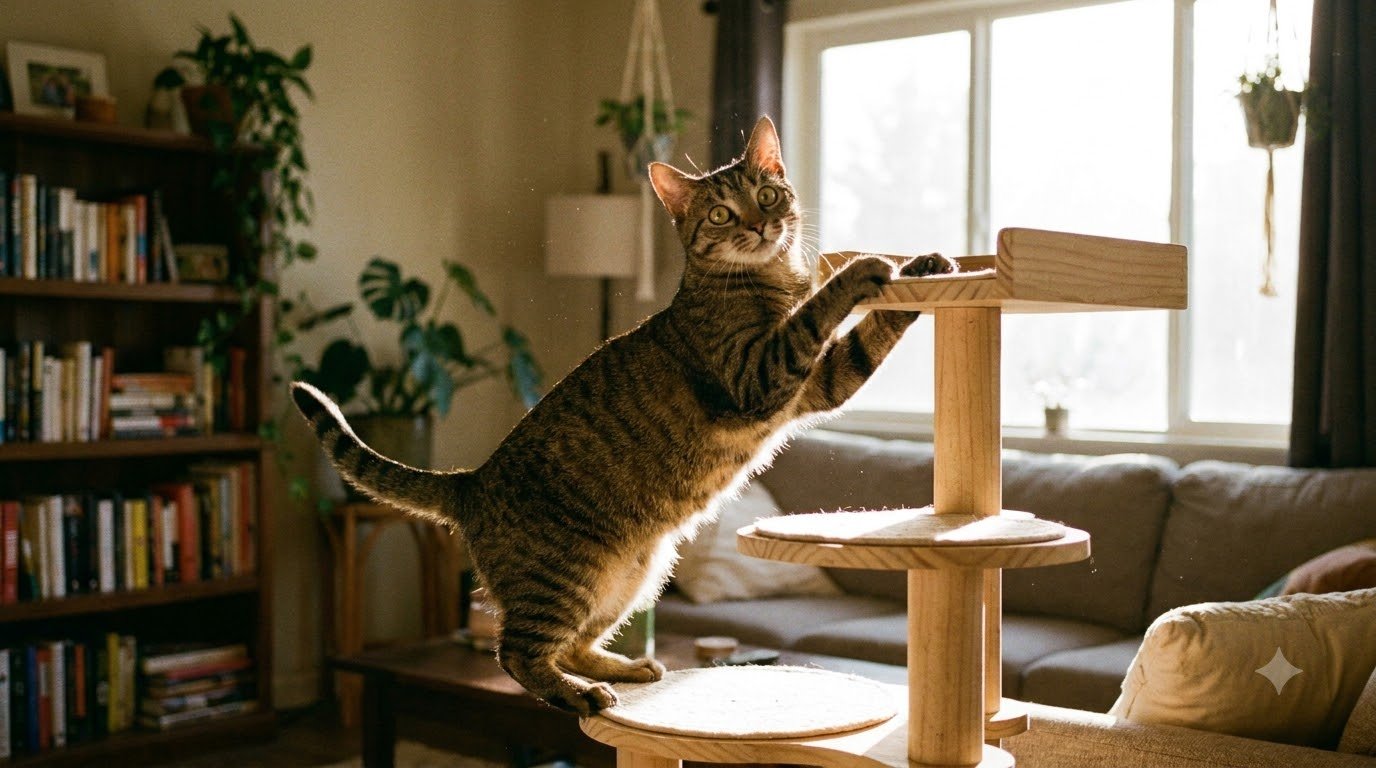 A cat climbing an indoor cat tree