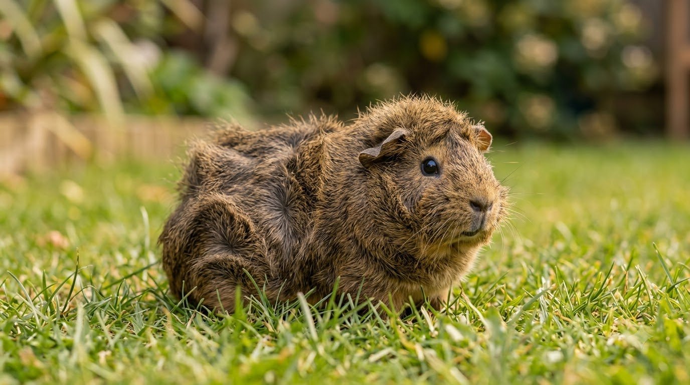 An Abyssinian guinea pig with a swirled rosette coat sitting on grass