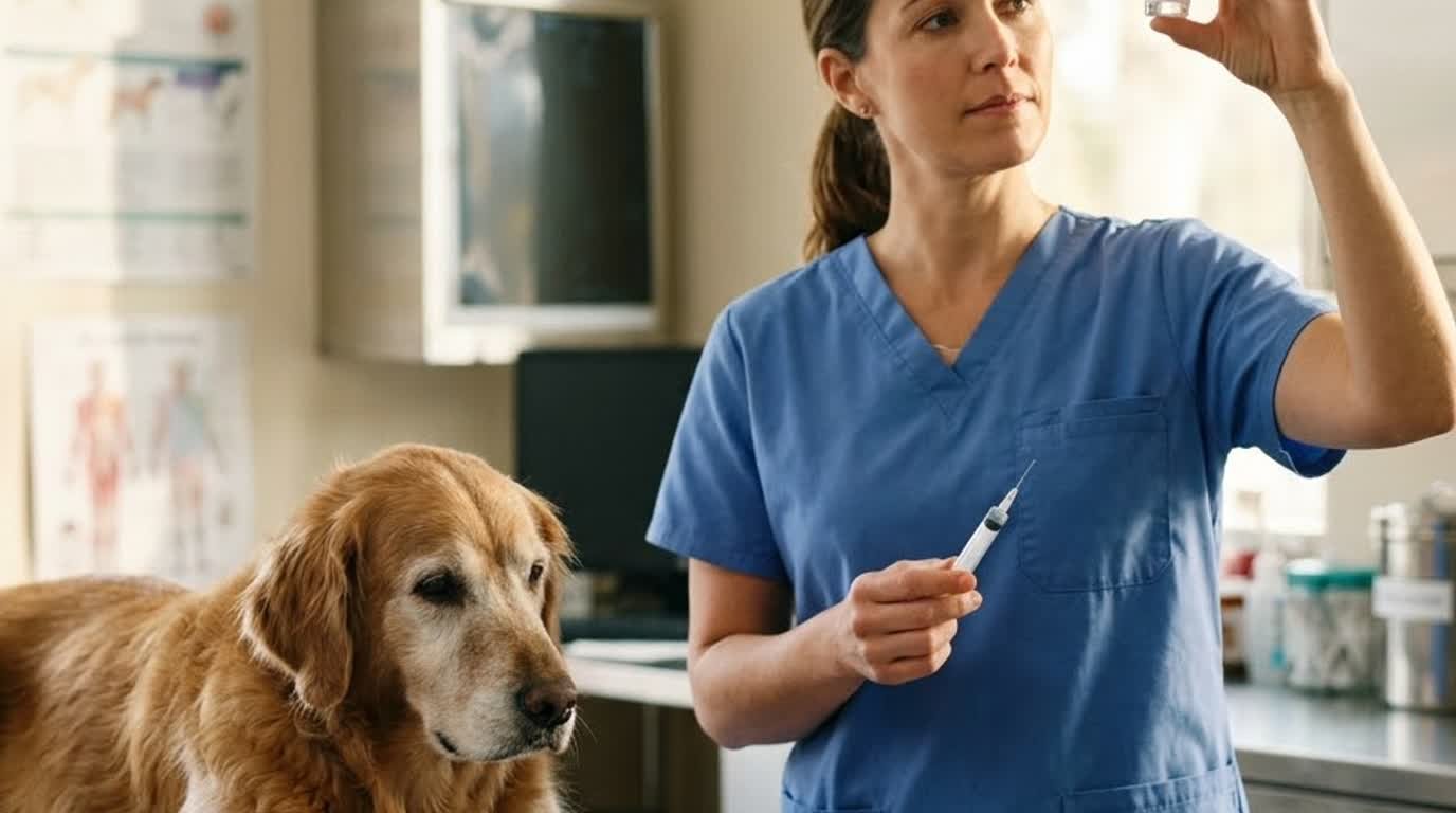 Veterinarian checking the lot number on an Adequan Canine Injection vial