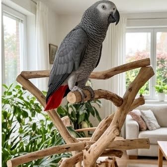 An African Grey Parrot perched on a wooden stand indoors