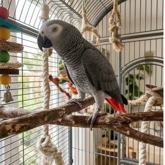 An African Grey Parrot perched inside its cage