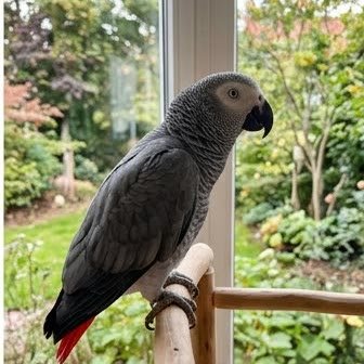 An African Grey Parrot perched on a railing near a window