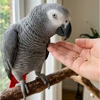 An African Grey Parrot taking food from its owner's hand