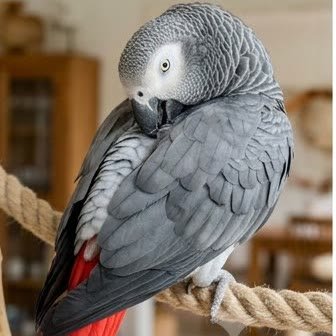 An African Grey Parrot preening on a rope perch