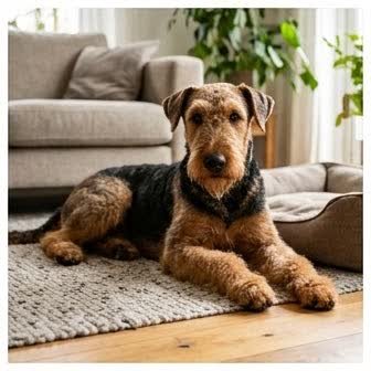 An Airedale Terrier resting in a cozy indoor setting