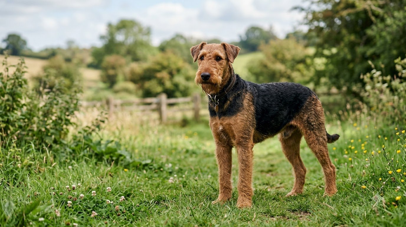 An Airedale Terrier with a wiry black-and-tan coat standing outdoors on grass