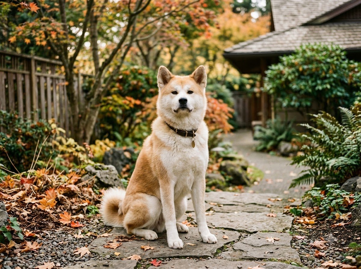 An Akita sitting alertly outdoors