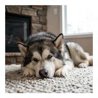 An Alaskan Malamute resting in a cozy indoor setting
