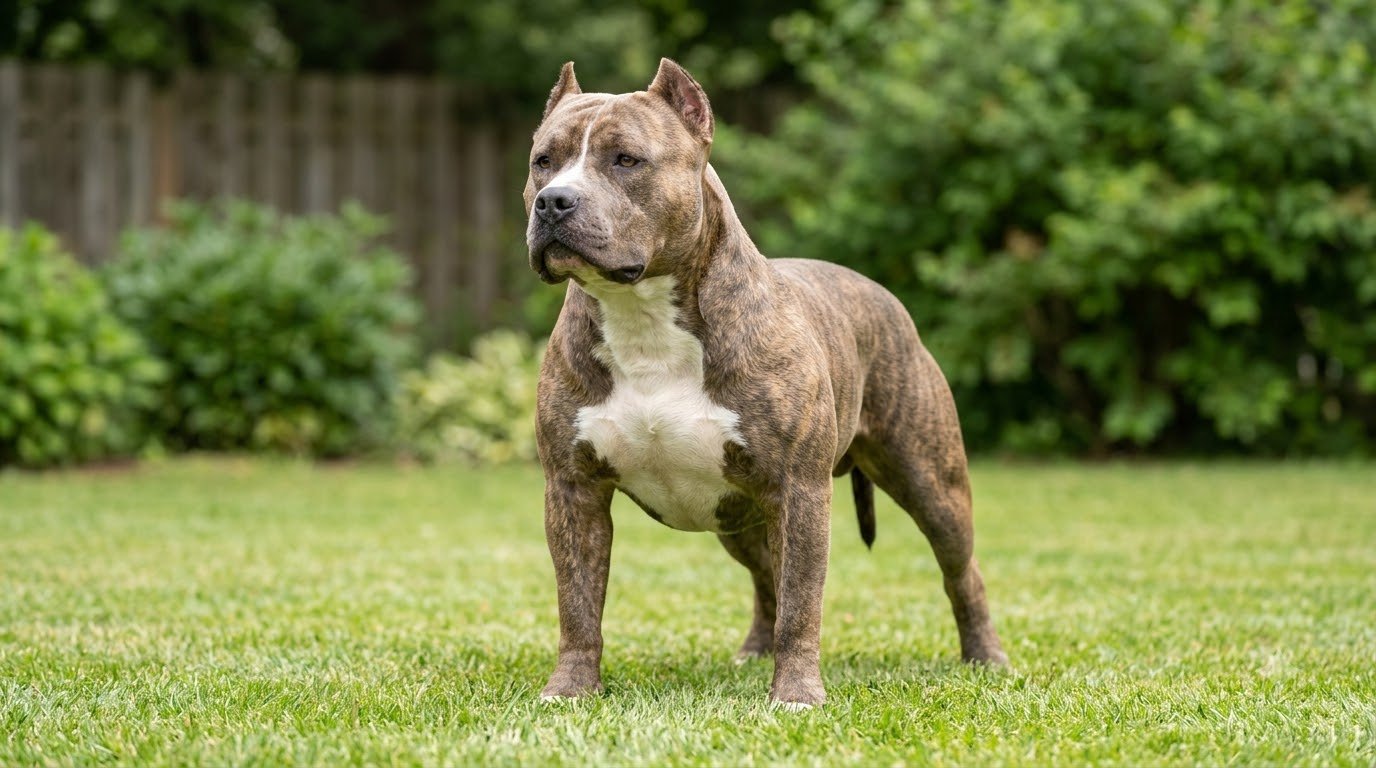 An American Bully standing alert in a backyard