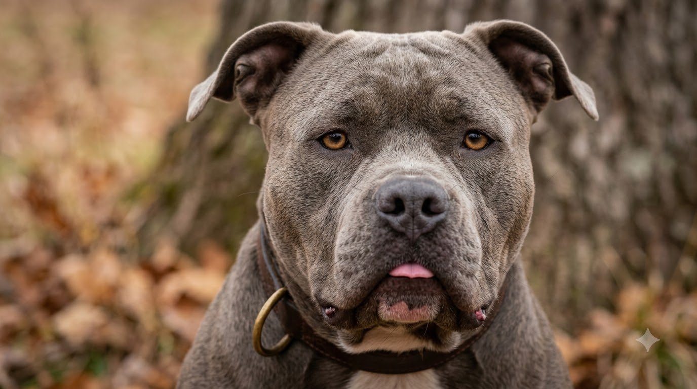 Close-up headshot portrait of an American Bully showing its broad head and thick neck