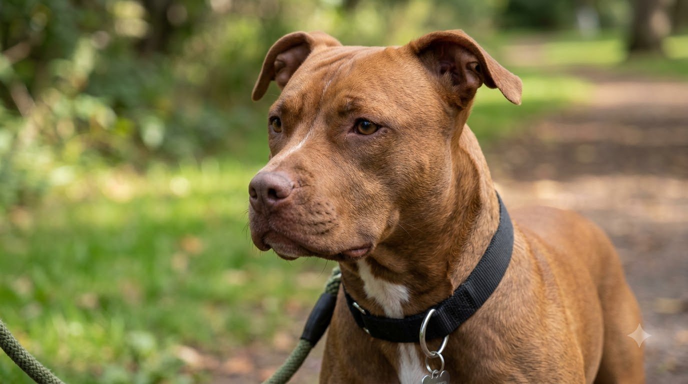 Close-up headshot portrait of an American Pit Bull Terrier showing its leaner, more athletic head