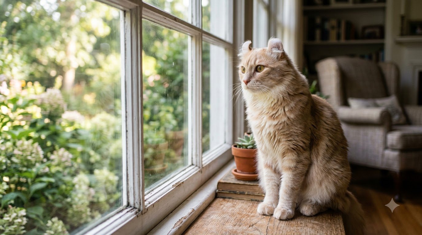 An American Curl cat with distinctive curled-back ears sitting indoors near a window