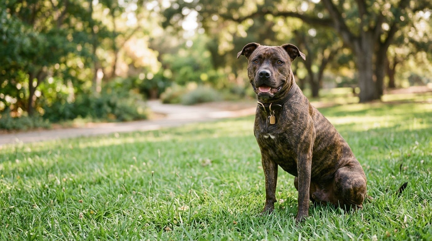 A brindle American Pit Bull Terrier sitting outdoors on a grassy lawn