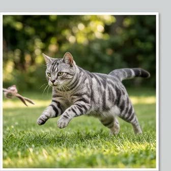 An American Shorthair running or playing outdoors