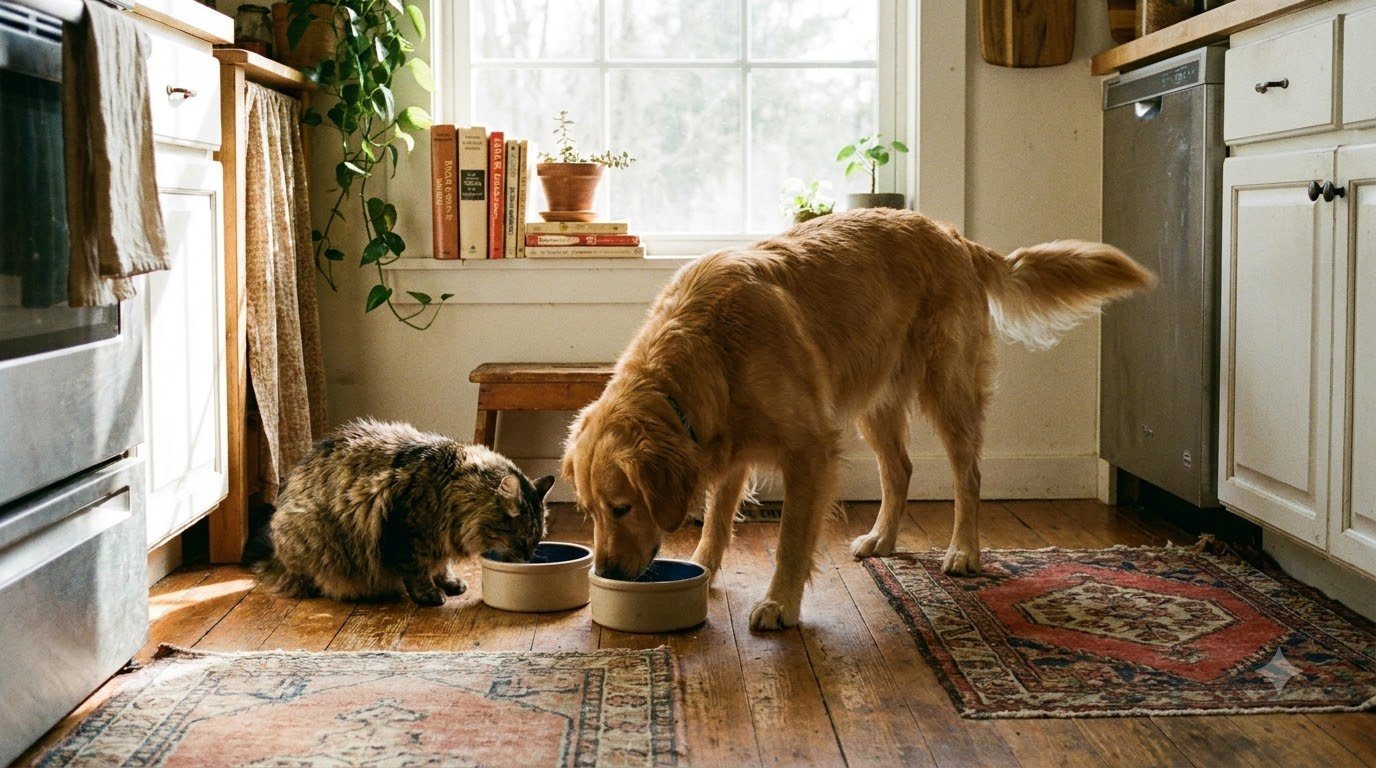 A dog and a cat eating from separate bowls at home