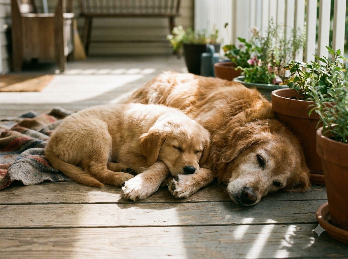 A young puppy and a senior dog resting together