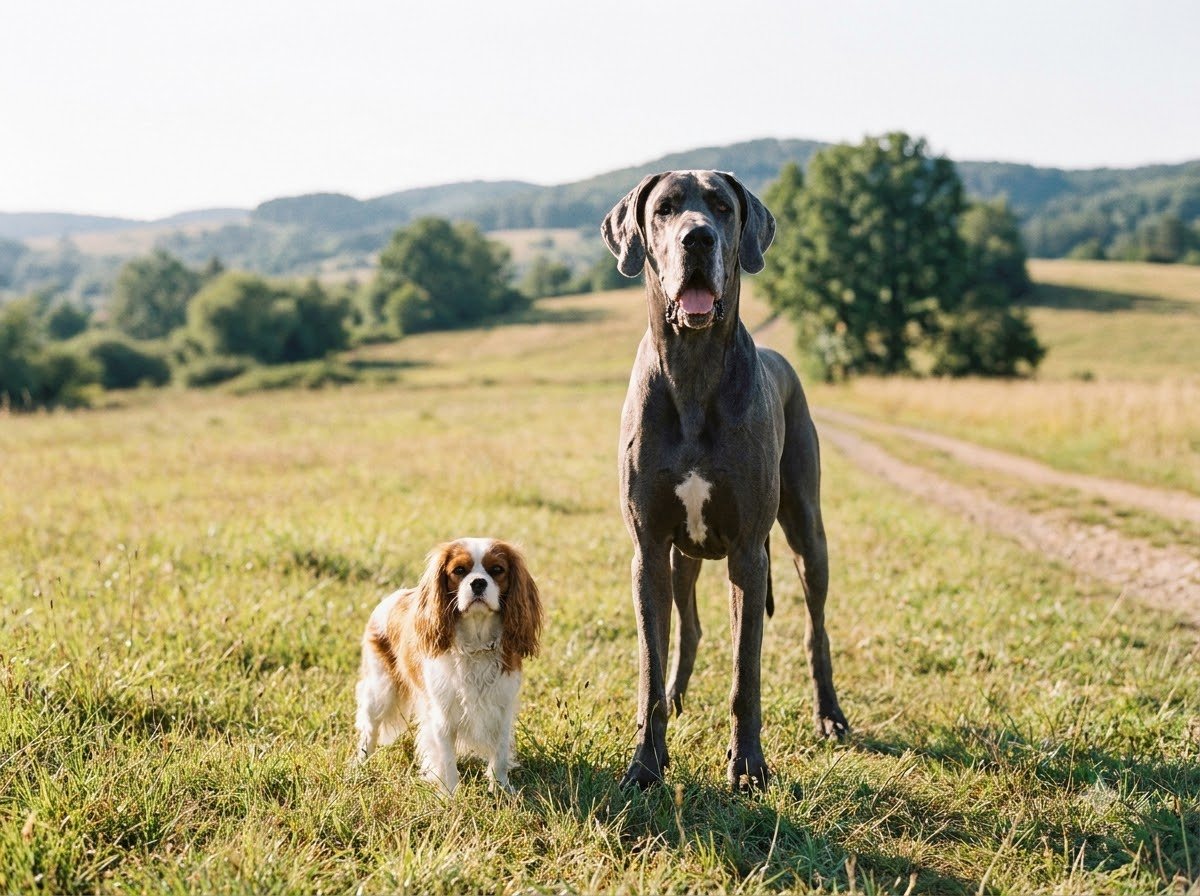 A small breed dog and a large breed dog standing side by side