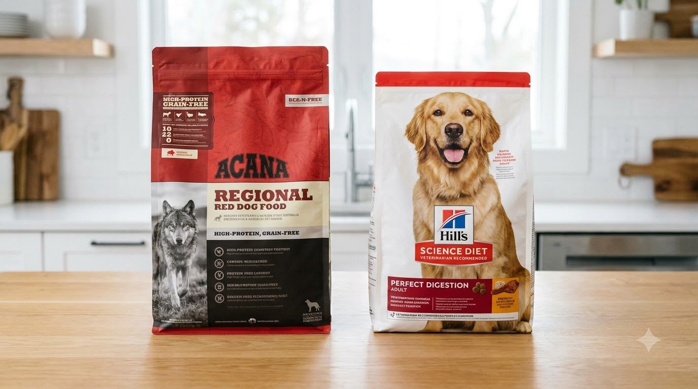 Two pet food bags placed side by side for a label comparison