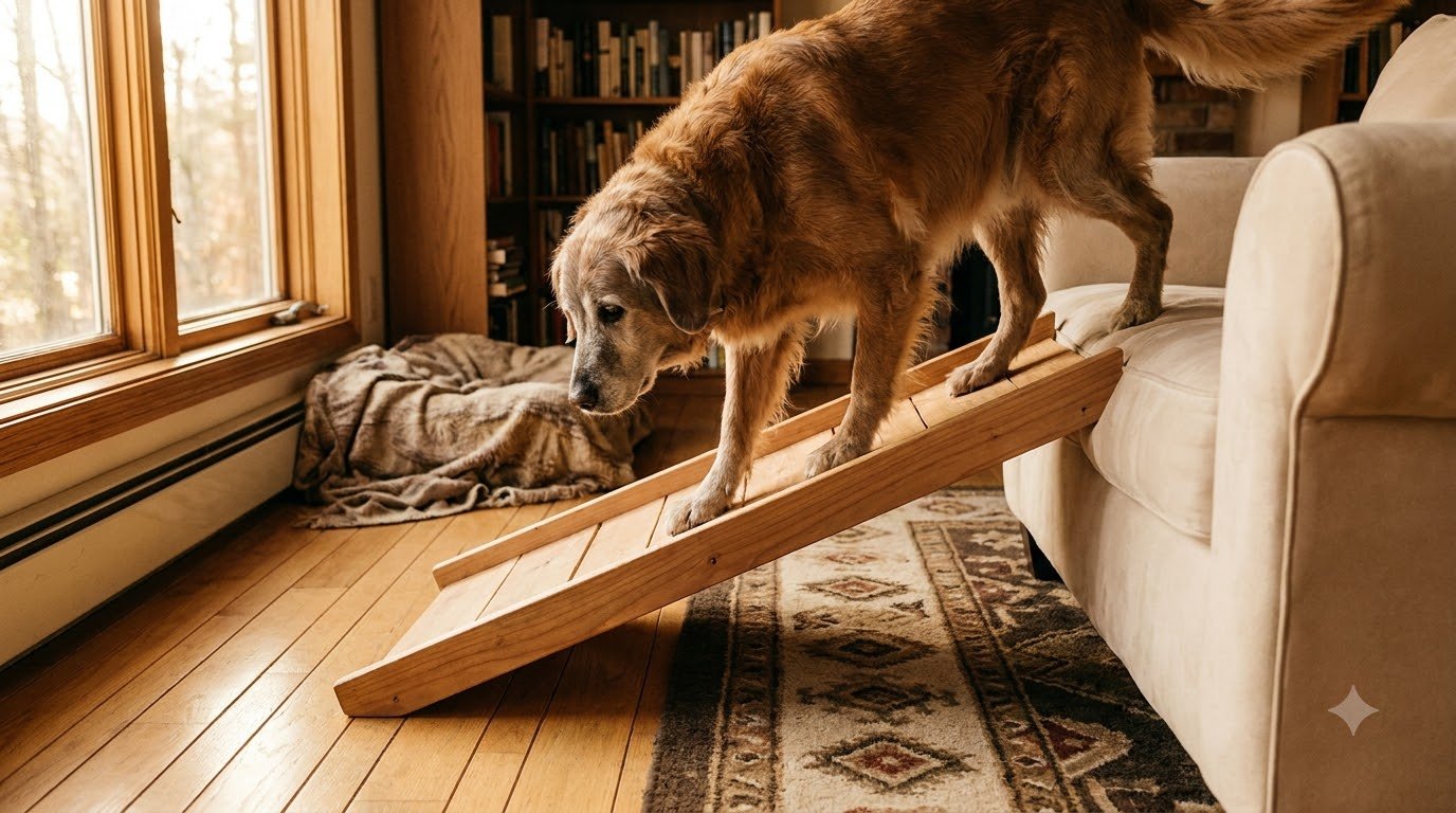 A ramp helping a senior dog navigate stairs at home