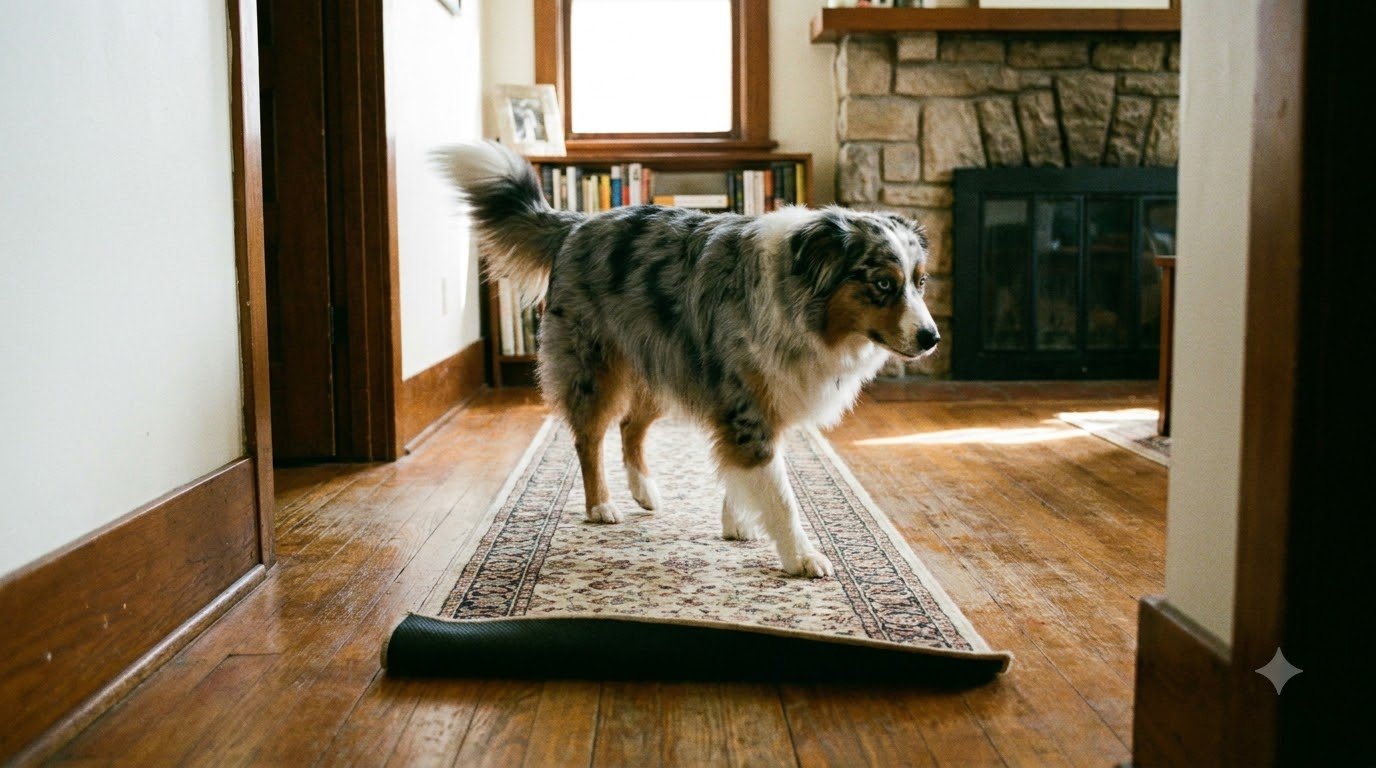 A dog walking confidently across a non-slip rug runner on a hardwood floor