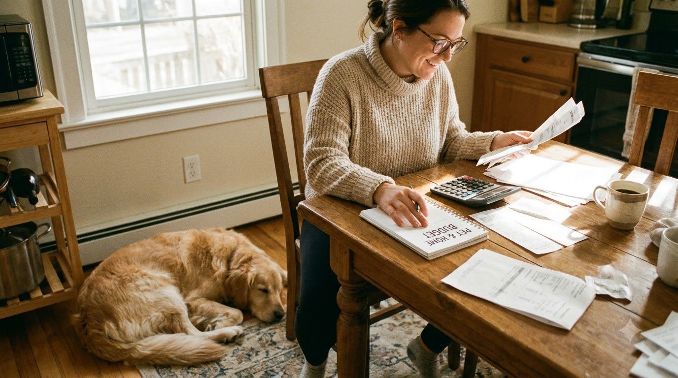 A pet parent reviewing a household budget with a dog resting nearby