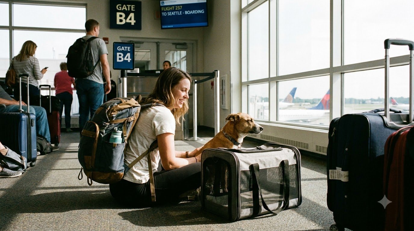 A pet parent with a travel carrier at an airport gate, preparing for an international flight