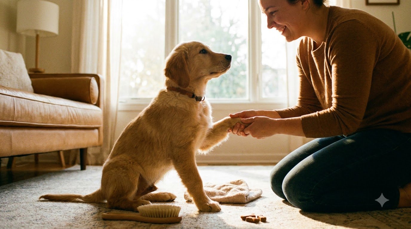 A puppy during a gentle handling and training session, getting used to nail trims and touch