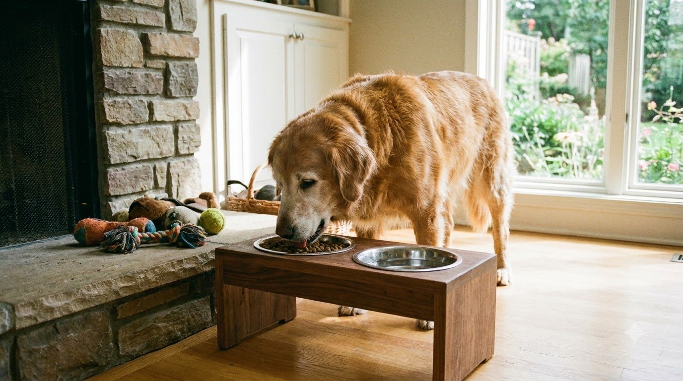 A senior dog eating comfortably from a raised bowl stand