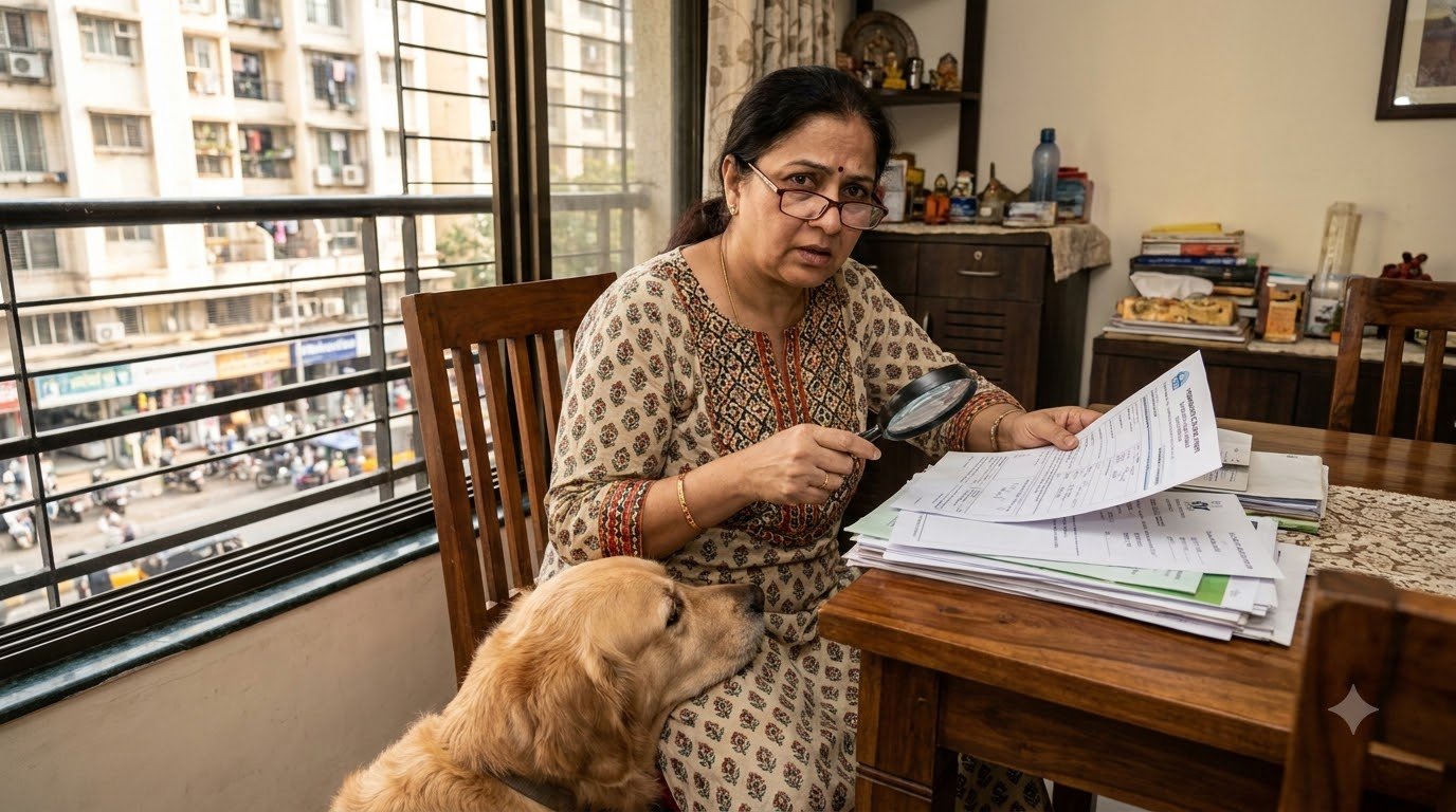 A pet parent reviewing a veterinary bill and insurance claim form at home with their dog nearby