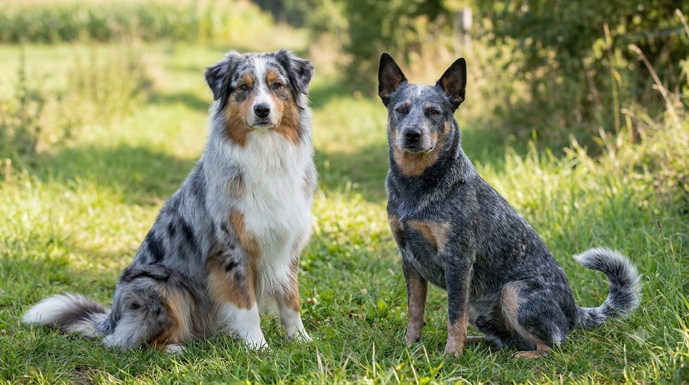 An Australian Shepherd and an Australian Cattle Dog sitting side by side outdoors