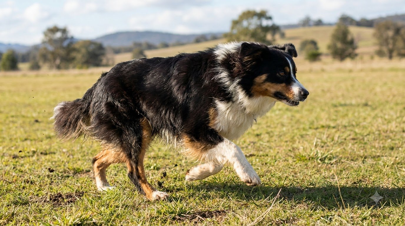 An Australian Shepherd running actively across an open field