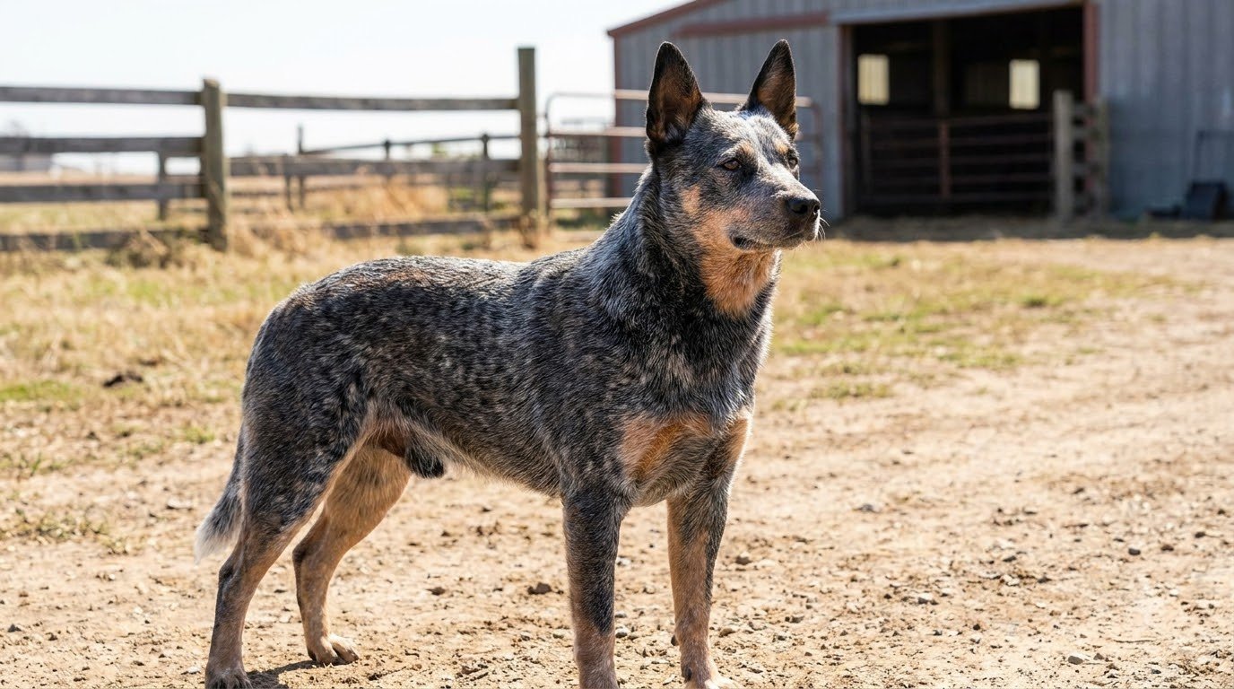 An Australian Cattle Dog standing alertly on a rural property