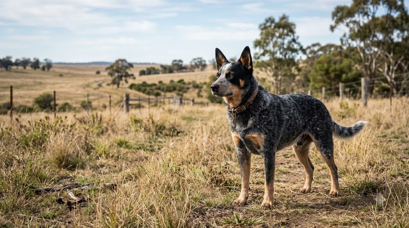 An Australian Cattle Dog with a blue speckled coat standing alertly in an open field