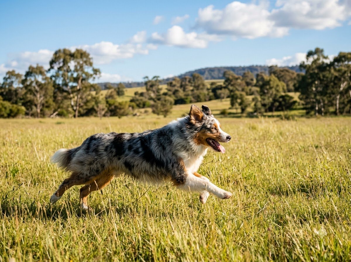 An Australian Shepherd running energetically outdoors
