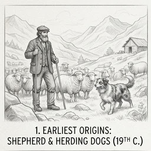 Illustrated sketch of an early Australian Shepherd herding sheep with a shepherd in the 1800s