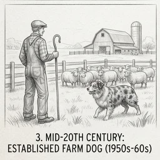 Illustrated sketch of an Australian Shepherd on a mid-20th-century American farm