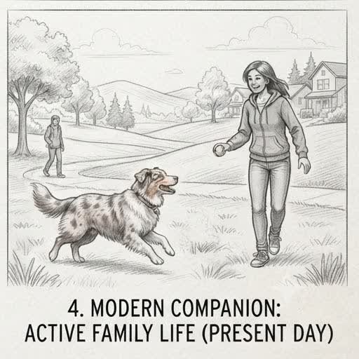 Illustrated sketch of a modern Australian Shepherd with a family in a present-day setting