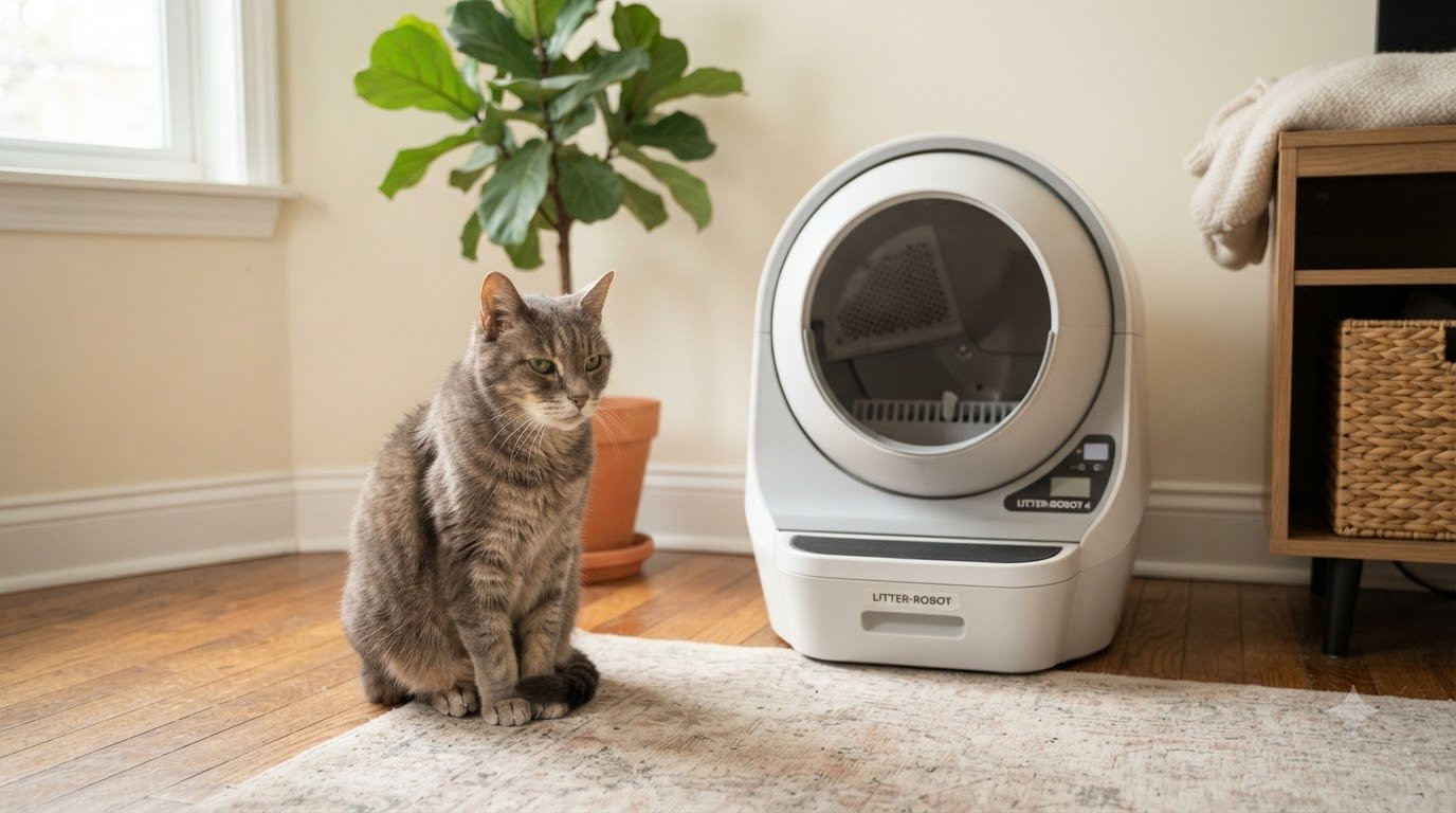 An automatic litter box designed for a senior cat