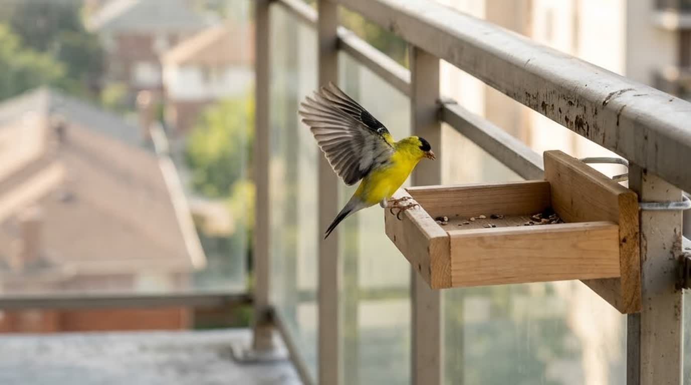 A bird feeder mounted on an apartment balcony railing with a small bird perched on it