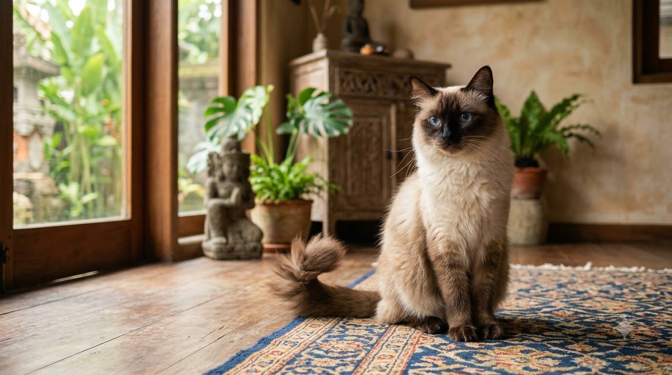 A seal-point Balinese cat with an elegant medium-long coat sitting indoors