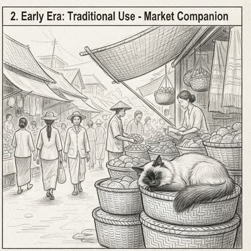 Illustrated sketch of an early Balinese cat in a traditional market setting