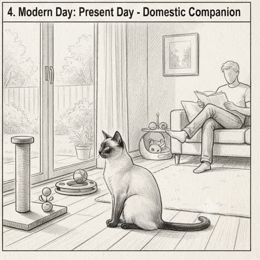 Illustrated sketch of a modern Balinese cat in a present-day home