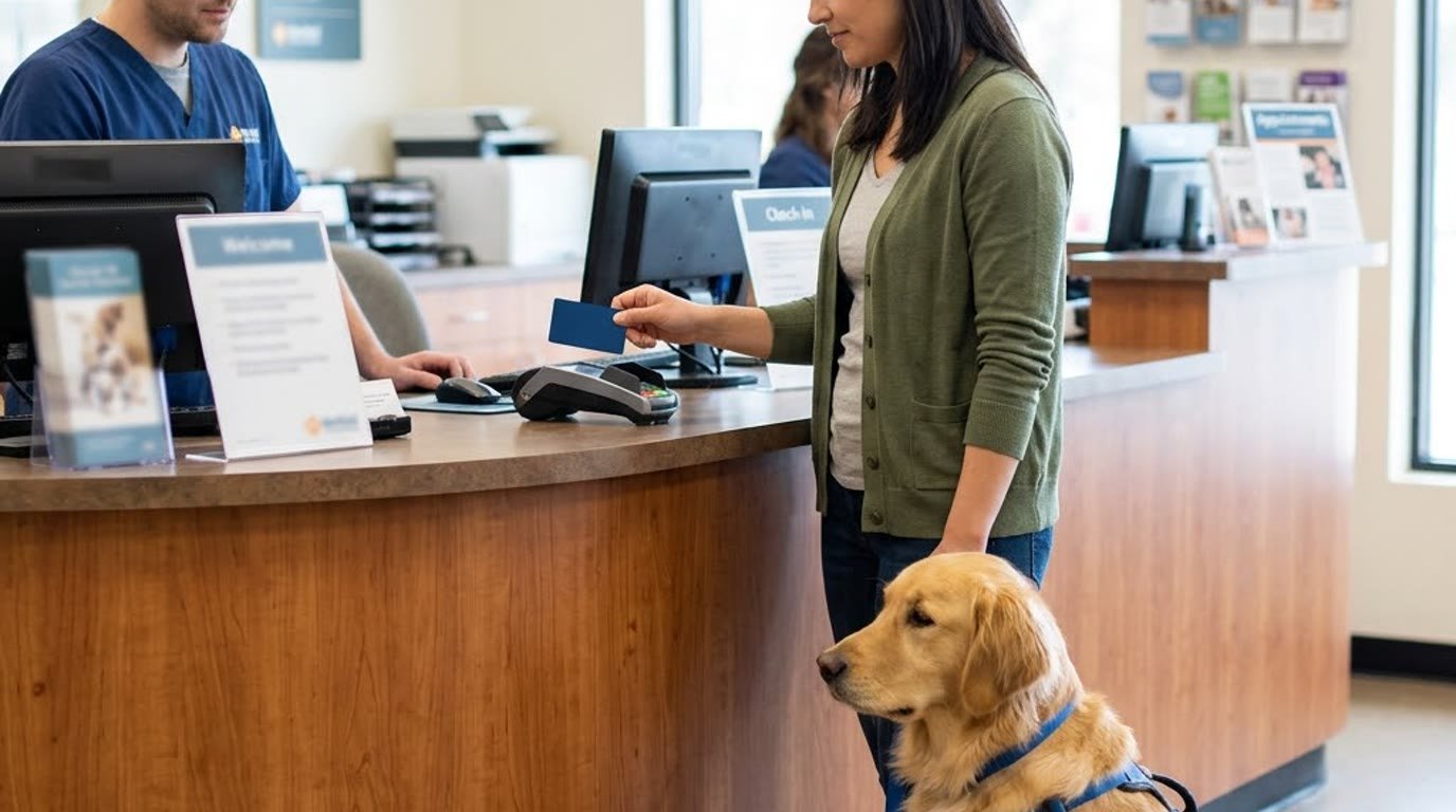 A pet owner paying at a vet clinic reception counter with her dog beside her