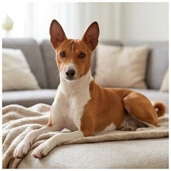 A Basenji resting in a cozy indoor setting