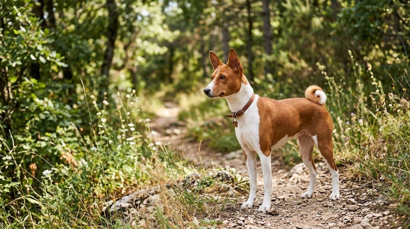 A Basenji with a short red-and-white coat standing alertly outdoors