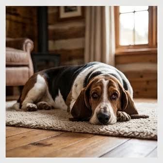 A Basset Hound resting in a cozy indoor setting