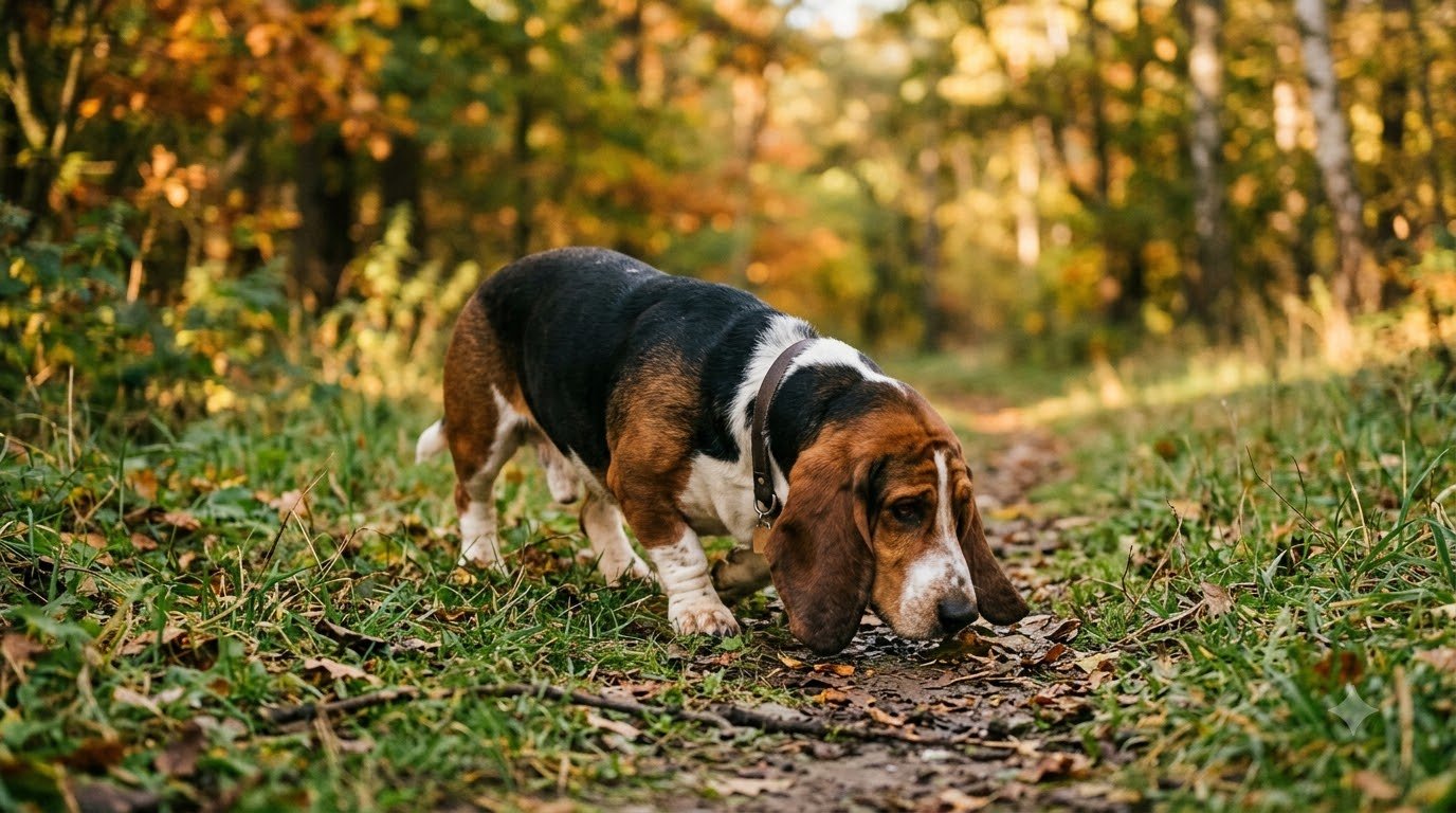 A Basset Hound with long ears sniffing the ground on a grassy path