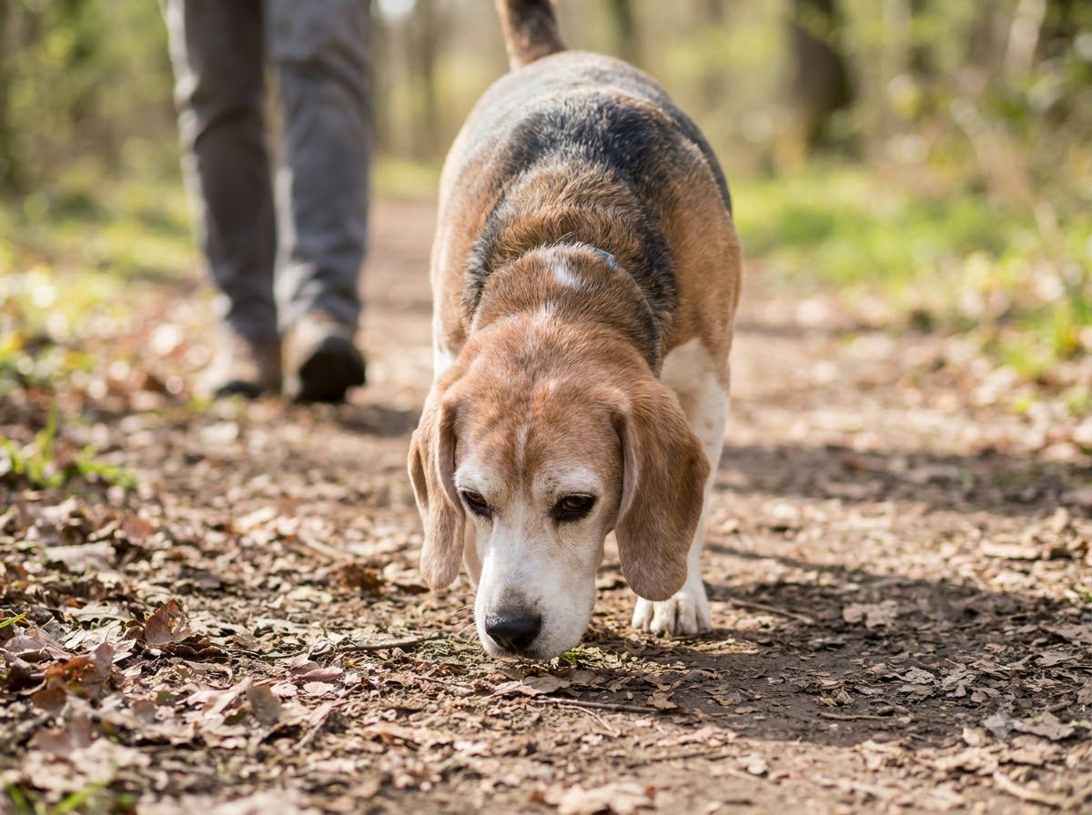 A Beagle sniffing the ground on a slow outdoor walk