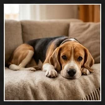 A Beagle resting in a cozy indoor setting