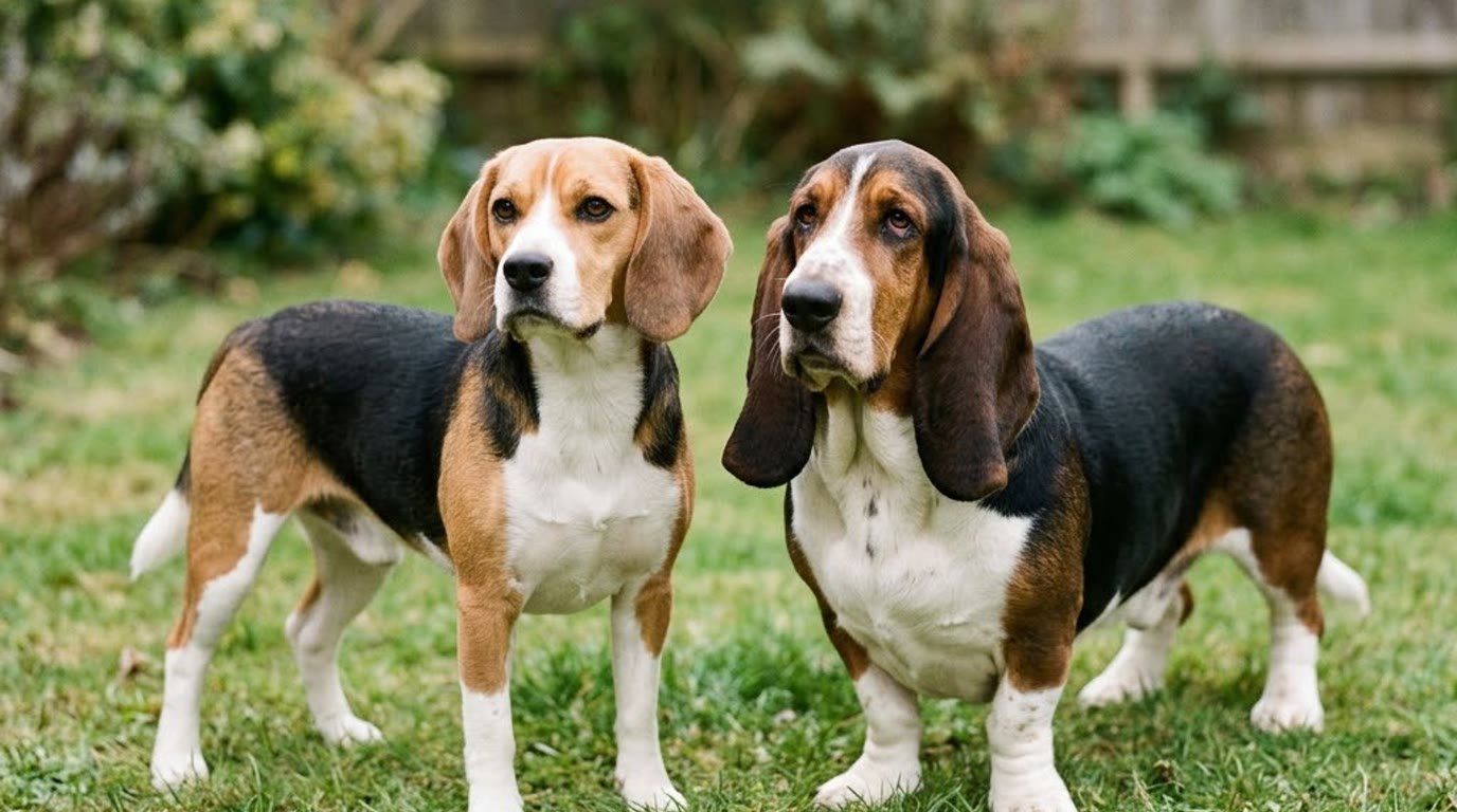 A Beagle and a Basset Hound standing together outdoors on grass